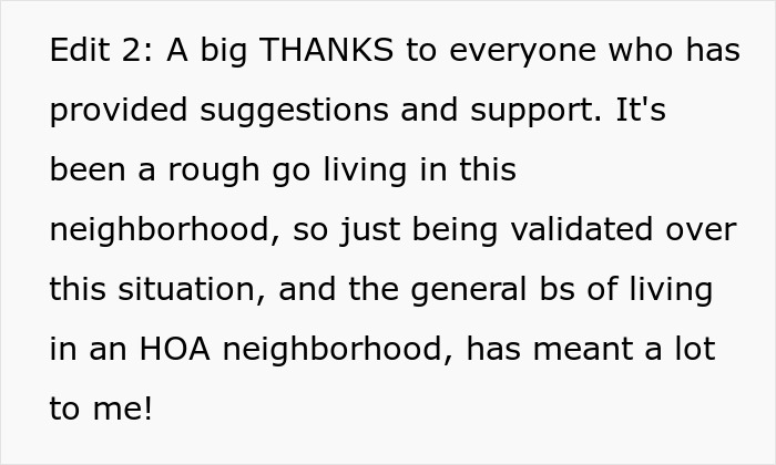 Text post expressing gratitude for support regarding HOA neighborhood challenges and pet ownership conflicts.