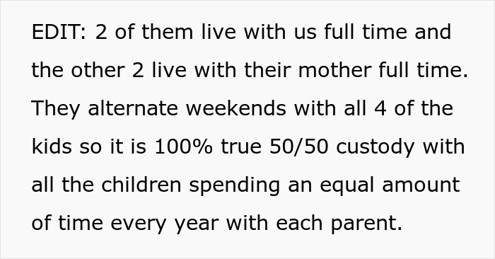 Text discussing 50/50 custody arrangement with children alternating weekends between parents equally every year.
