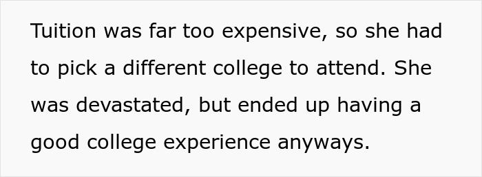Text excerpt about tuition cost leading to choosing a different college and still having a good college experience.