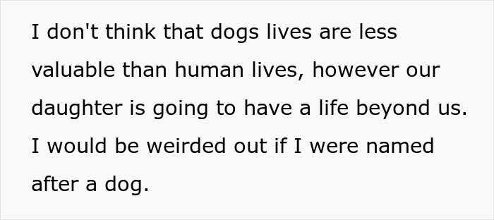 Husband expressing discomfort over pregnant wife wanting to name baby Lassie after childhood dog.
