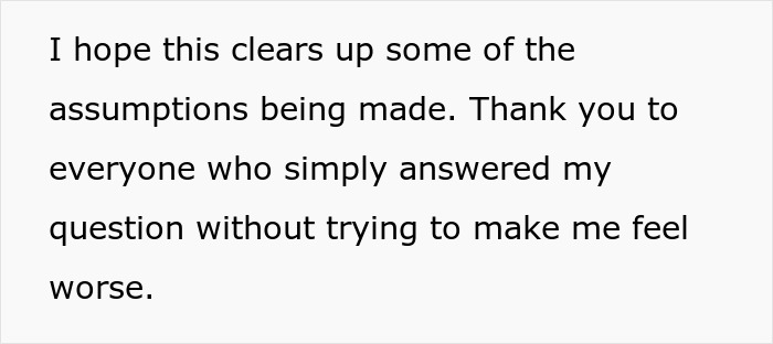 Text on a white background reads a woman clarifying assumptions and thanking those who answered her question without judgment.