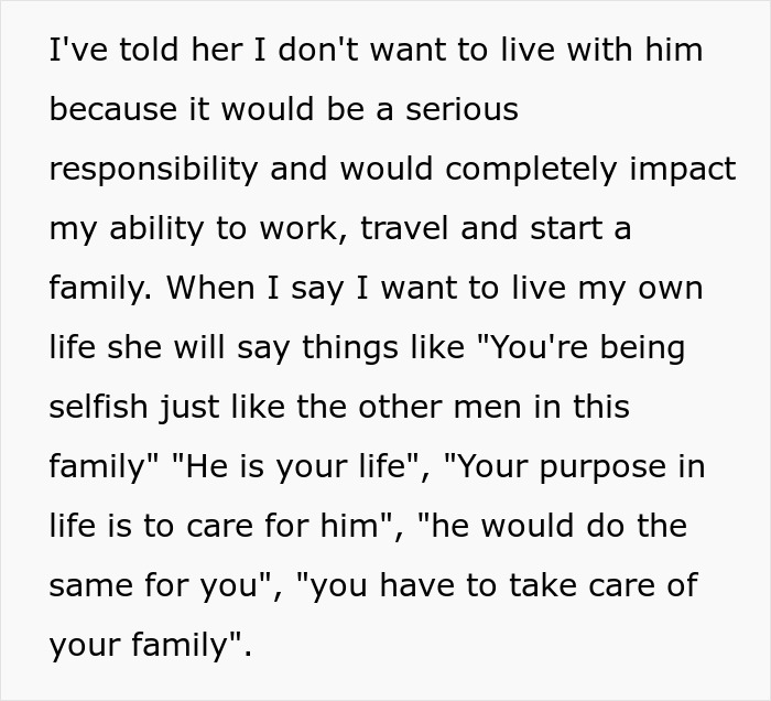 Person explaining why they refuse living with disabled sibling due to impact on work, travel, and starting a family. Person explaining why they refuse living with disabled sibling due to impact on work, travel, and starting a family.