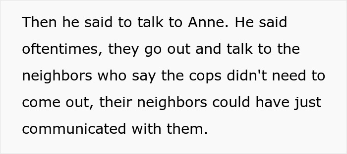 Text block discussing neighbors communicating directly to avoid police involvement in a community dispute.