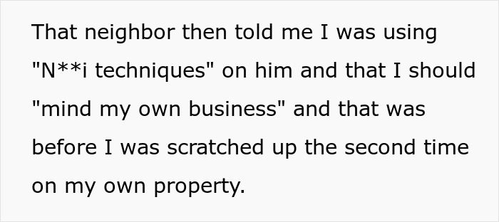 Text excerpt about neighbor accusing someone of using techniques and telling them to mind their own business before being scratched, related to HOA pet rules conflict.
