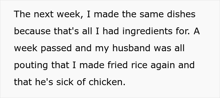 Text describing husband yelling at wife for cooking the same dish due to limited ingredients and frustration with repeated meals.
