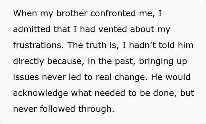 Text excerpt describing a sister venting frustrations to her useless brother who never follows through on tasks.