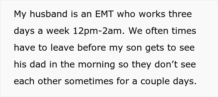 Text about a husband working as an EMT with challenging schedule affecting family time, linked to babysitter guilt-tripping.