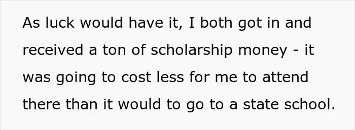 Text excerpt about receiving scholarship money and attending college, reflecting a golden child&rsquo;s reality check after sister&rsquo;s college acceptance.