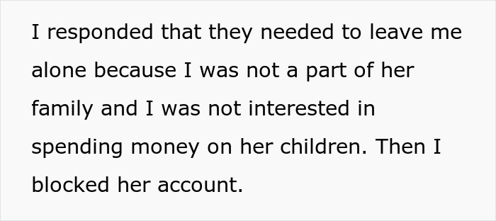 Text excerpt about a bio mom abandoning her son and the son refusing to spend money on her children. Text excerpt about a bio mom abandoning her son and the son refusing to spend money on her children.