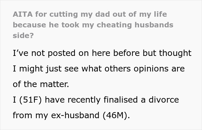 Text excerpt about man siding with daughter's cheating ex during divorce discussion on social platform.