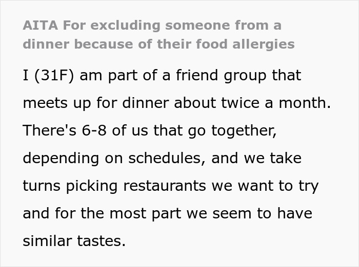 Text excerpt about a woman&rsquo;s friend group dinner dynamics and challenges with excluding members, focusing on dinner invitations.