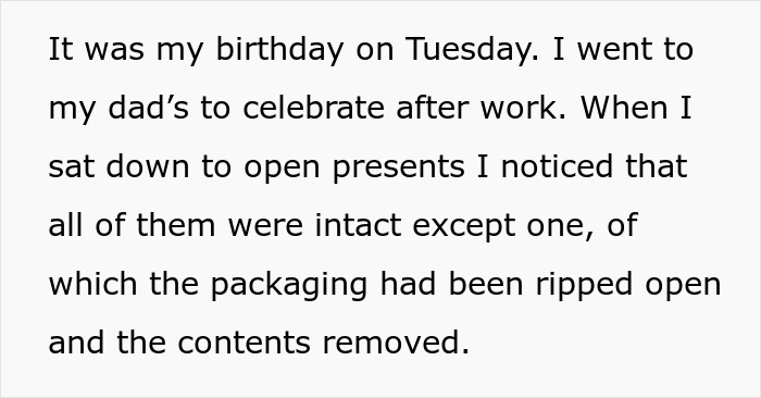 Text about 13-year-old opening stepsister's gifts without permission, family conflict when stepsister sets boundaries.