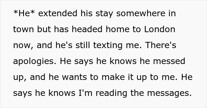 Text excerpt about a guy apologizing and trying to make up after a relationship mistake involving open marriage.