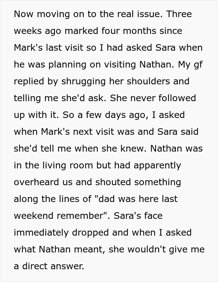 Text excerpt discussing a man questioning his girlfriend about visits from her son&rsquo;s father and her evasive responses.