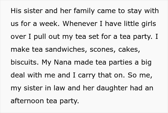 Text describing a family tea party including a tea set, highlighting conflict from stealing the wife&rsquo;s tea set.