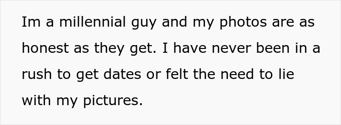 Text post with a millennial guy stating his photos are honest and he doesn't lie online, referencing gym influencer lies.