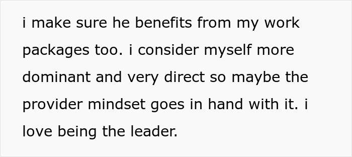 Text excerpt describing a woman proudly funding her stay-at-home boyfriend, highlighting his intelligence and kindness.