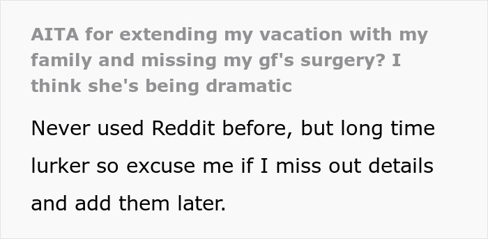 Text post about boyfriend organizing surprise family visit during girlfriend&rsquo;s planned surgery, causing conflict and drama.