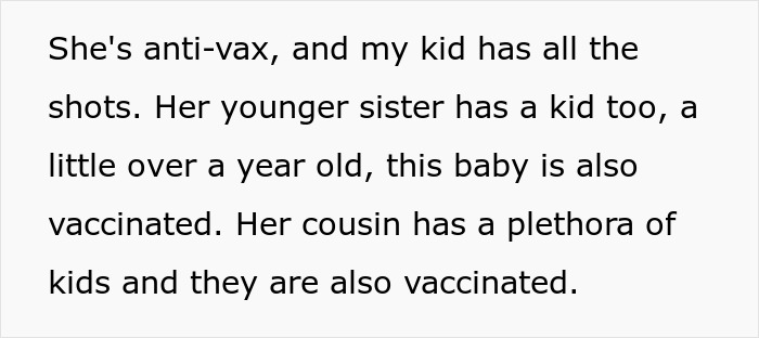 Text about a woman refusing to allow her child around an unvaccinated kid, causing a major fallout.