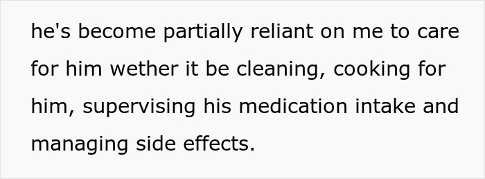 Text about wife cleaning bed and managing husband&rsquo;s care, including medication and side effects supervision.