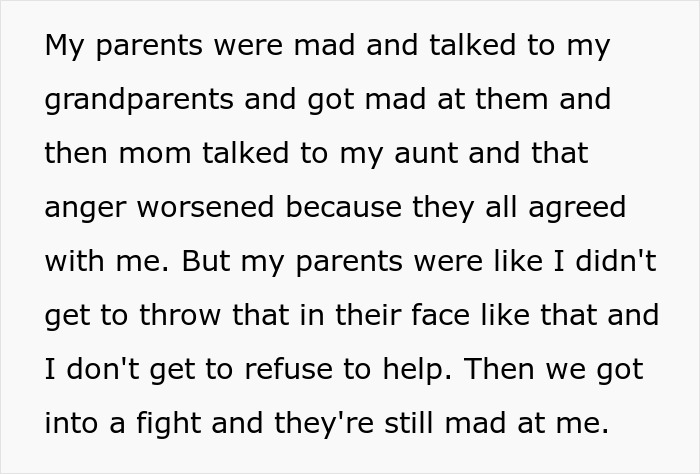 Text excerpt showing conflict with toxic parents favoring golden child son while younger son refuses to help with house chores.