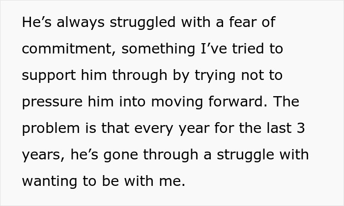 Text excerpt about relationship break every year, describing struggle with commitment and yearly relationship challenges.