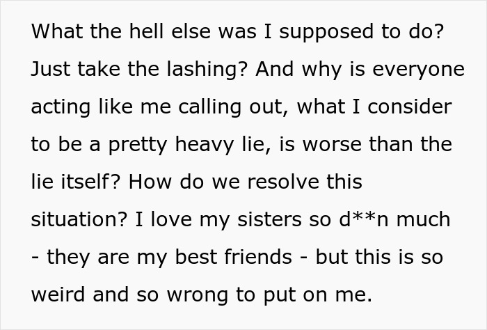 Text excerpt showing emotional reaction as sister revealed dead brother lie, expressing confusion and love for sisters.