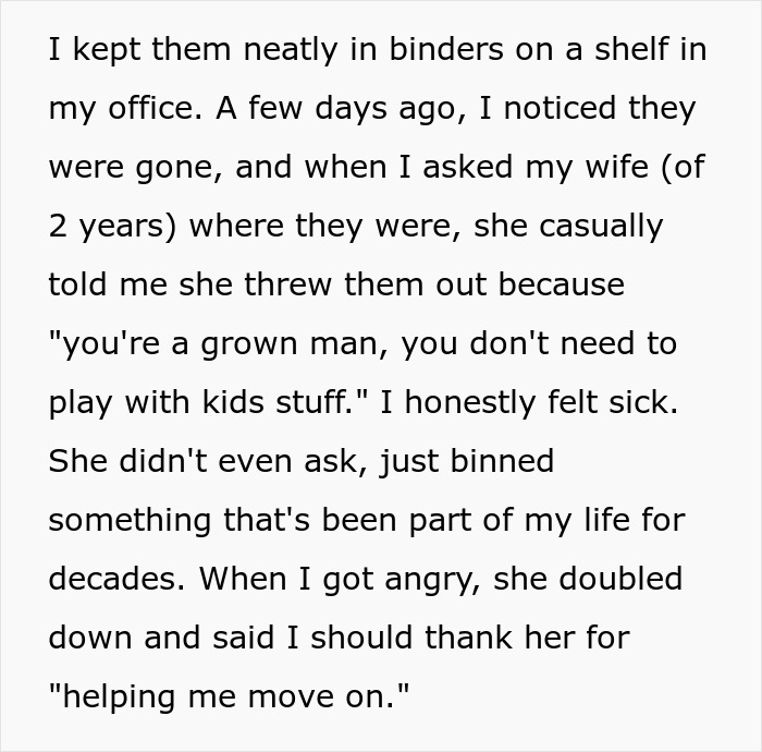 Text from a man explaining his wife threw away his Pok&eacute;mon card collection without asking, sparking conflict in marriage.