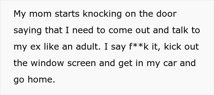 Alt text: Guy runs out the window after his mom&rsquo;s attempt to reconcile him and his ex fianc&eacute; fails.