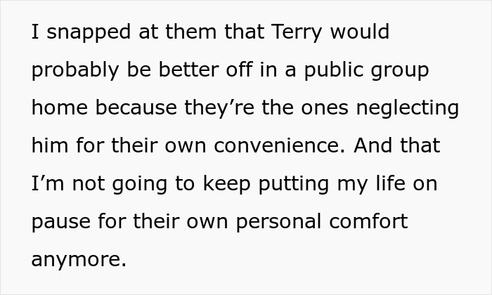 Alt text: Excerpt showing a woman setting a boundary about her disabled brother&rsquo;s care after a neglectful drop-off incident.