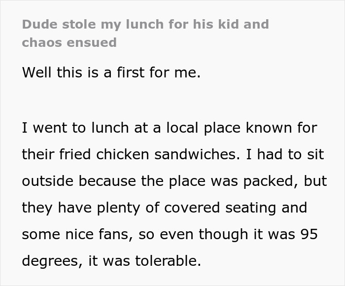 Man recounts incident where dad steals spicy chicken sandwich for his kid, leading to chaos after the child vomits everywhere.