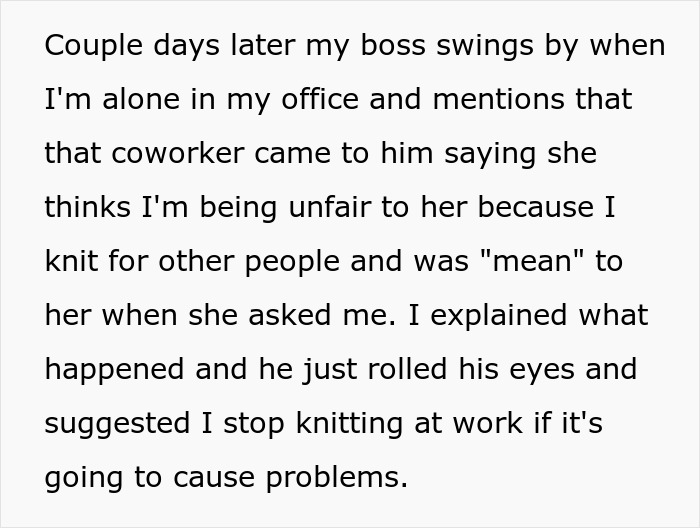 Office text about coworker conflict over knitting hobby and boss banning knitting at work to avoid problems.