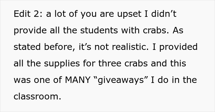 Text excerpt explaining a teacher&rsquo;s decision to give kids hermit crabs as pets and address concerns about the number of crabs.