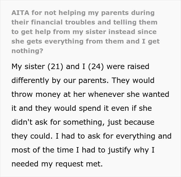Text excerpt about parents spoiling daughter while neglecting son during financial troubles, seeking help.