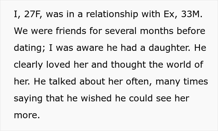 Text excerpt showing a woman explaining her relationship with a man who prioritized his daughter, highlighting dating men with kids.