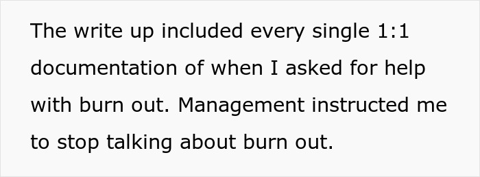 Text excerpt showing a worker&rsquo;s statement about management banning discussion of burnout and hostile work environment issues.