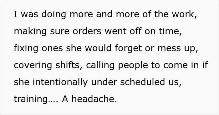 Text excerpt from a woman describing her increasing workload and frustration with bakery manager's poor scheduling.