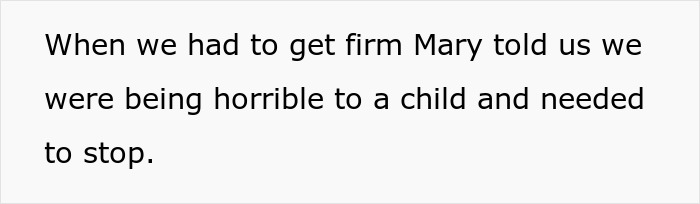 Text on white background reading When we had to get firm Mary told us we were being horrible to a child and needed to stop, highlighting 11-year-old acting creepy stepsister after birth.