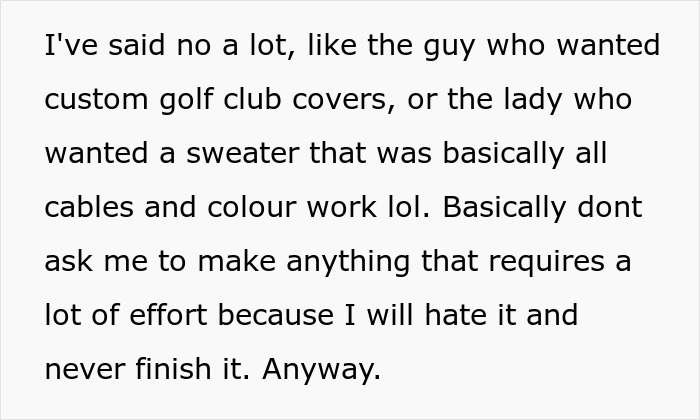 Text excerpt about an entitled employee refusing to knit a large blanket and facing consequences for her hobby.