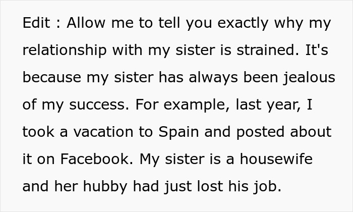 Text about a strained family emergency involving kicking out sister's kids due to jealousy and personal conflicts.