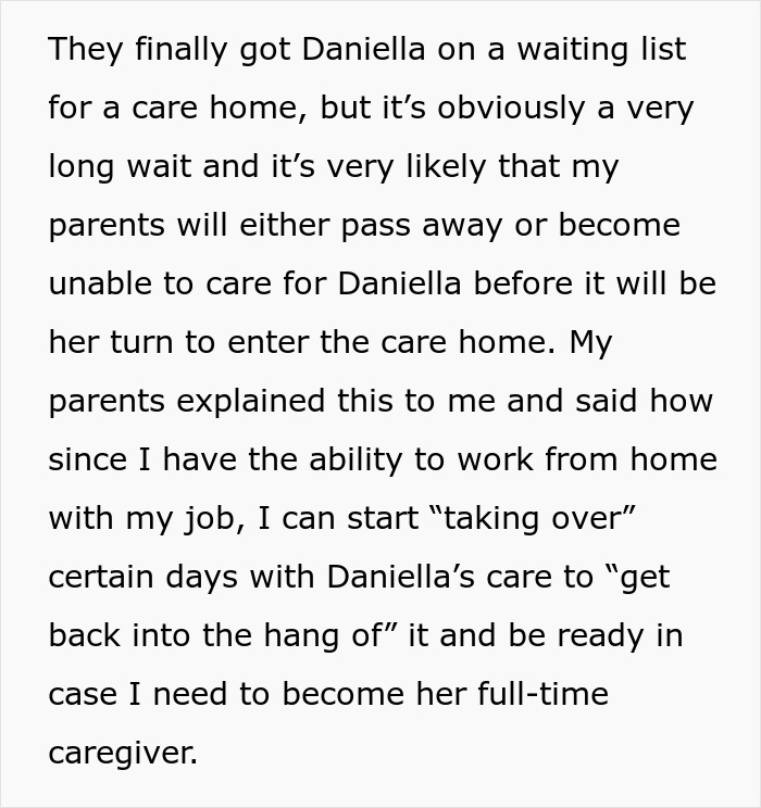 Text excerpt discussing family caregiving challenges for a disabled sister and accusations of ableism. Text excerpt discussing family caregiving challenges for a disabled sister and accusations of ableism.