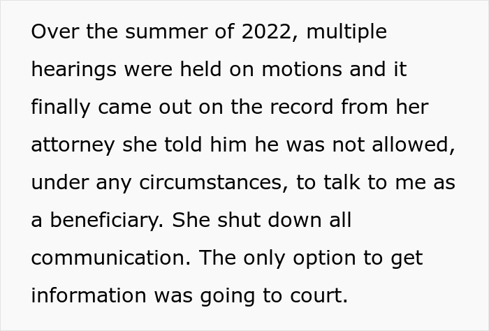 Text about summer 2022 hearings reveals grieving daughter&rsquo;s legal fight to drive step-monster to financial ruin.