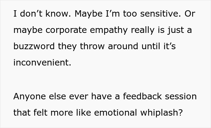 Text reading about corporate empathy and emotional feedback, reflecting the struggles of a worker going above and beyond.