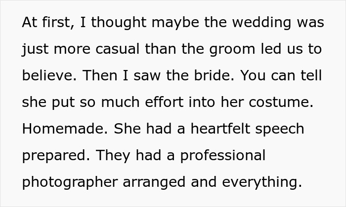 Text excerpt describing disappointment in a Halloween wedding, focusing on the bride&rsquo;s effort and wedding details.