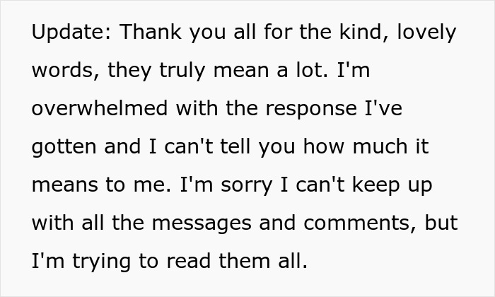Text update expressing gratitude for support while struggling to keep up with all messages and comments.