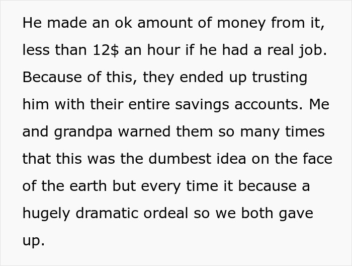 Text excerpt discussing a golden child who lost parents' money through crypto investments despite warnings.