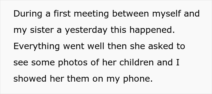 Text on a white background describing a first meeting between siblings and showing photos of children on a phone.