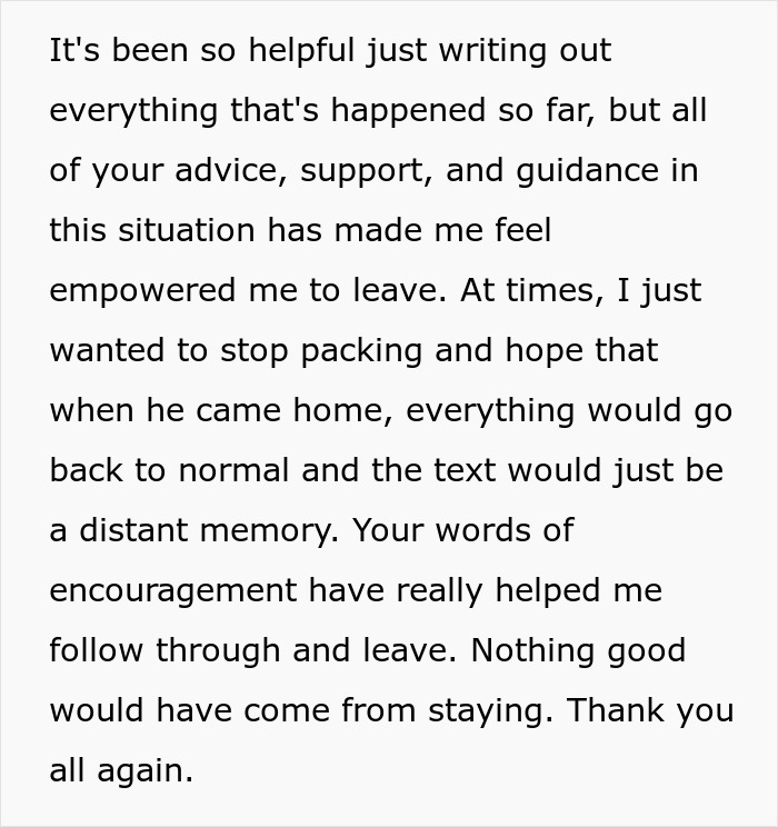 Text about feeling empowered to leave after a breakup, reflecting on advice and support during the situation.