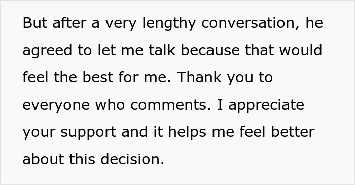 Text message expressing gratitude for support after a lengthy talk about refusing cheap babysitting by parents.