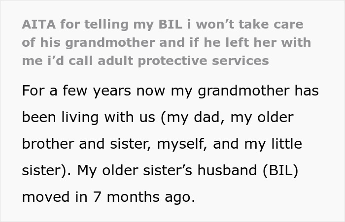 Text excerpt about a brother-in-law trying to dump grandmother care on wife&rsquo;s siblings, sister refusing and called selfish.